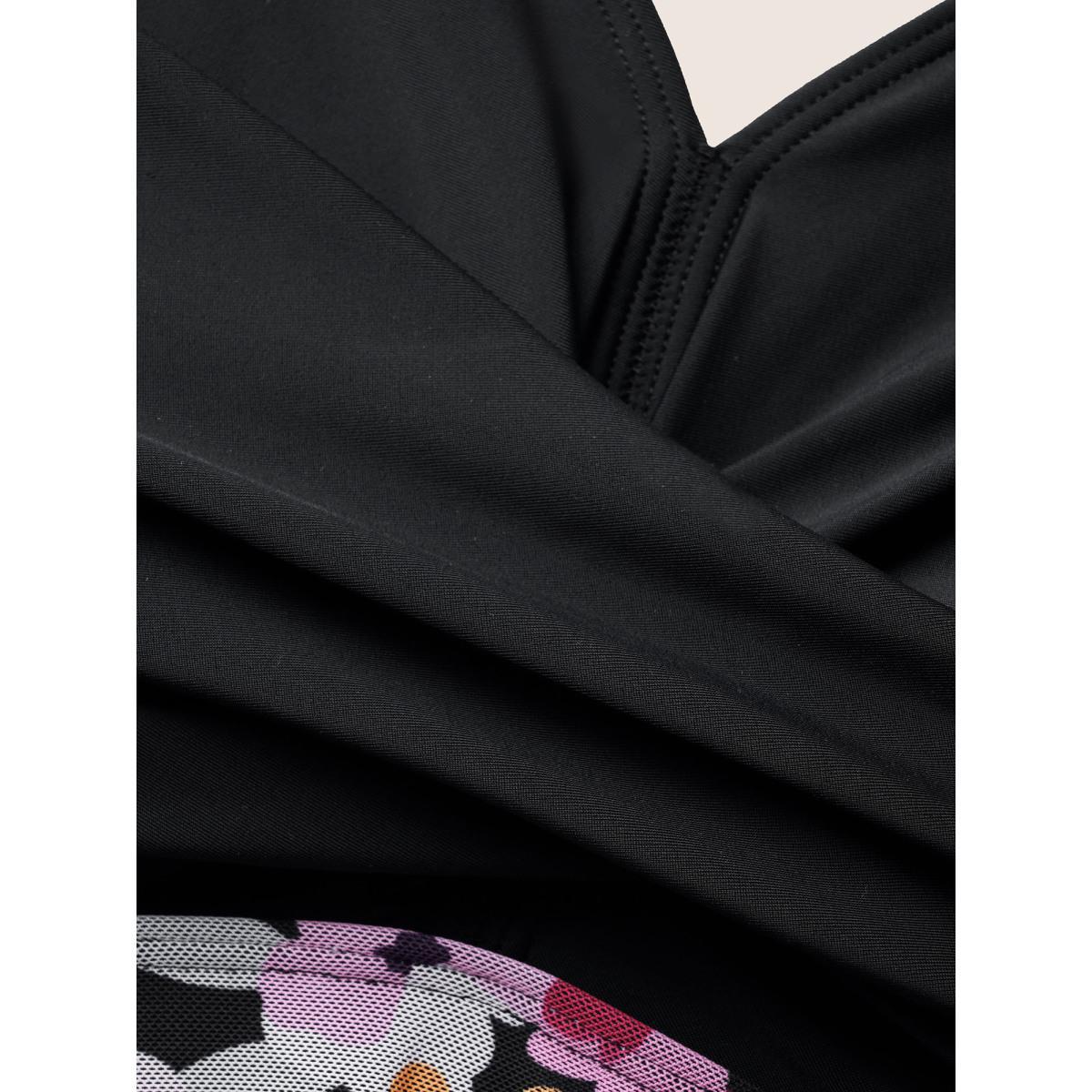 Plus Size Floral Patchwork Mesh Crossover Swim Dress Women's Swimwear Black Beach Bodycon V-neck High stretch Curve Swim Dresses BloomChic 28/5X Product Image