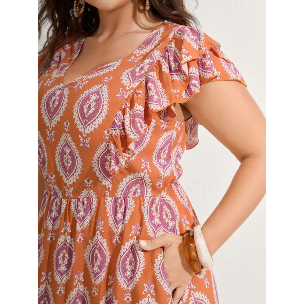 Plus Size Rayon Boho Print Pocket Midi Dress Coral Women V-neck Cap Sleeve Curvy BloomChic 18-20/2X Product Image