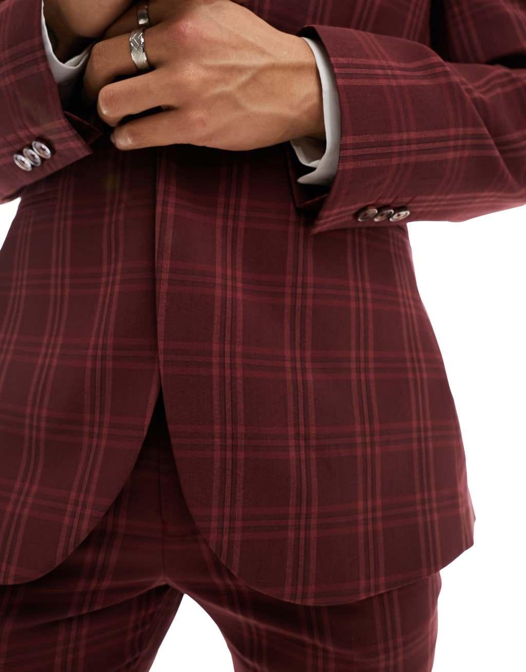 ASOS DESIGN skinny suit jacket in burgundy tonal check Product Image