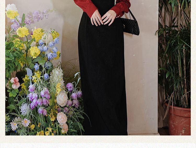 Set: Long-Sleeve V-Neck Plain Frog Button Blouse + High Rise Midi Pencil Skirt Product Image