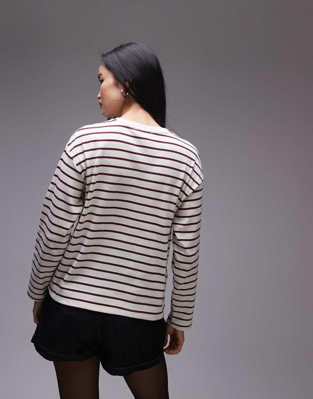 Mango round neck striped top in white and red Product Image
