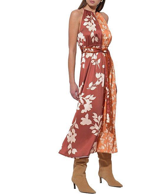 Adelyn Rae Sandi Two Tone Floral Halter Wrap Front Tie Midi Dress Product Image