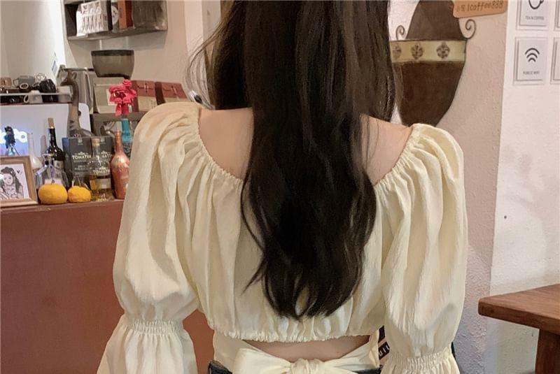 Long-Sleeve Cutout-Back Bow Cropped Blouse Product Image