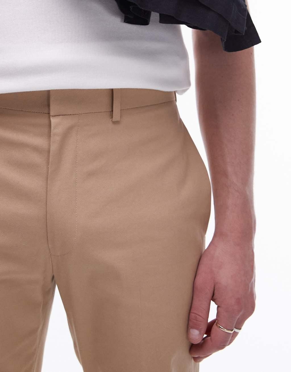 Topman compact cotton straight leg pants in stone Product Image