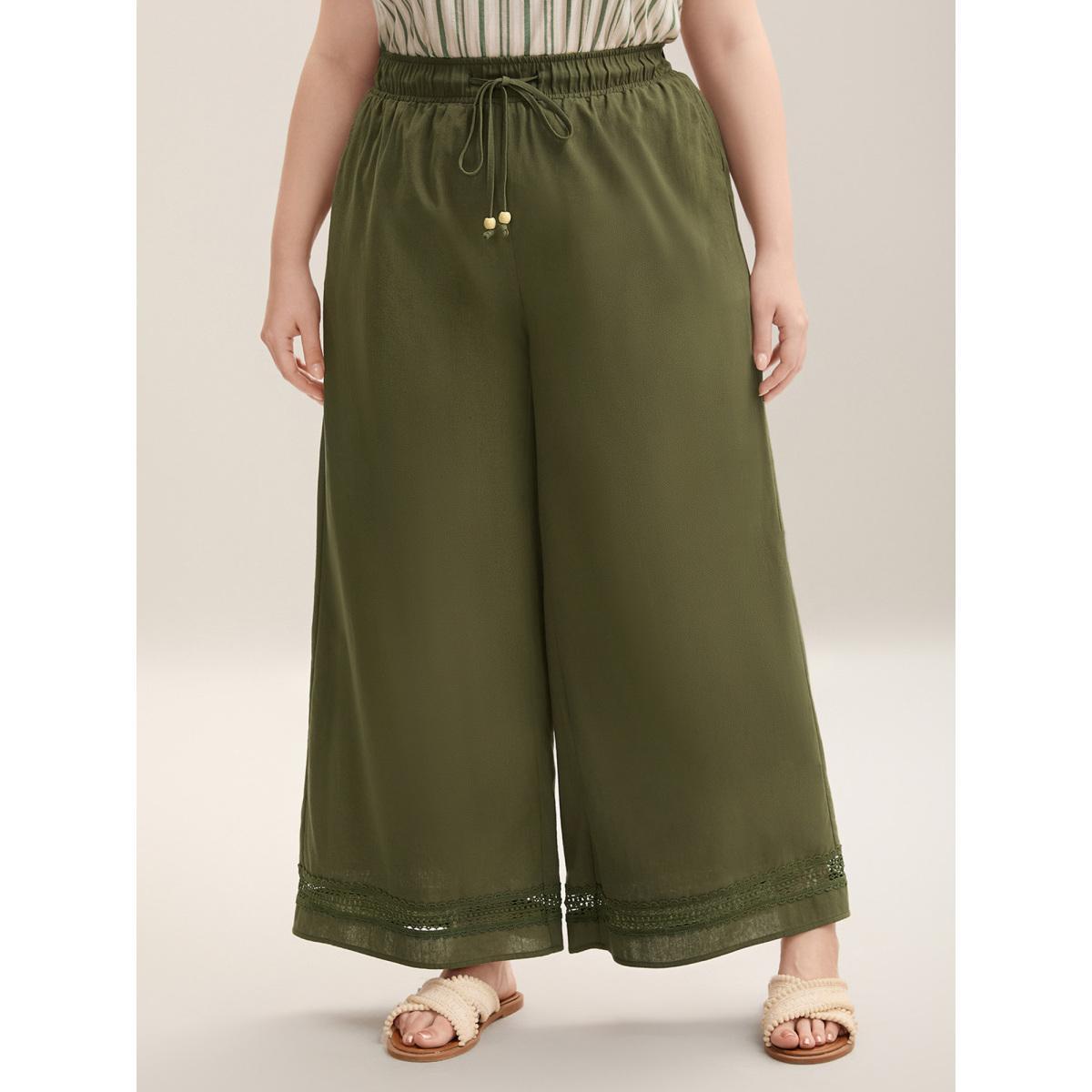 Plus Size Drawstring Lace Detail Wide-Leg Pants Women ArmyGreen Resort Wide Leg Mid Rise Vacation Pants BloomChic 28/5X Product Image