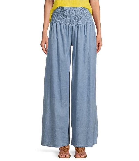 M Made in Italy Smocked Waist Wide Leg Cotton Denim Pants Product Image