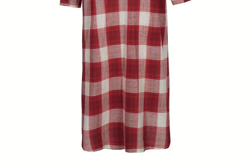 Long Sleeve Collared Plaid Button Down Maxi Shirt Dress Product Image