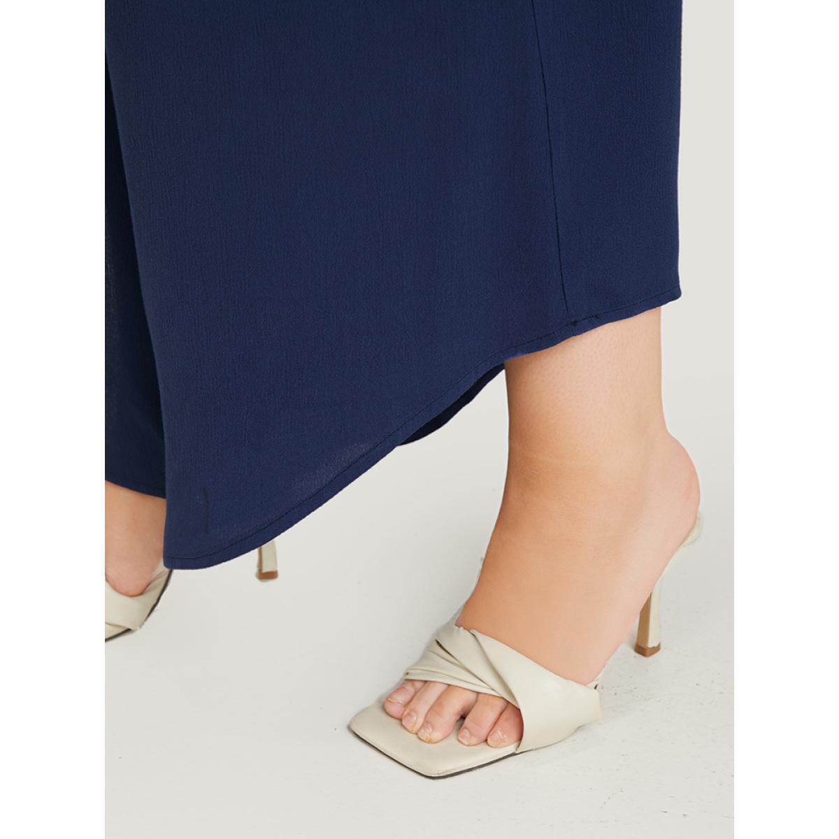 Plus Size Solid Paperbag Waist Asymmetrical Hem Wide Leg Pants Women Indigo Elegant High Rise Dailywear Pants BloomChic 10/M Product Image
