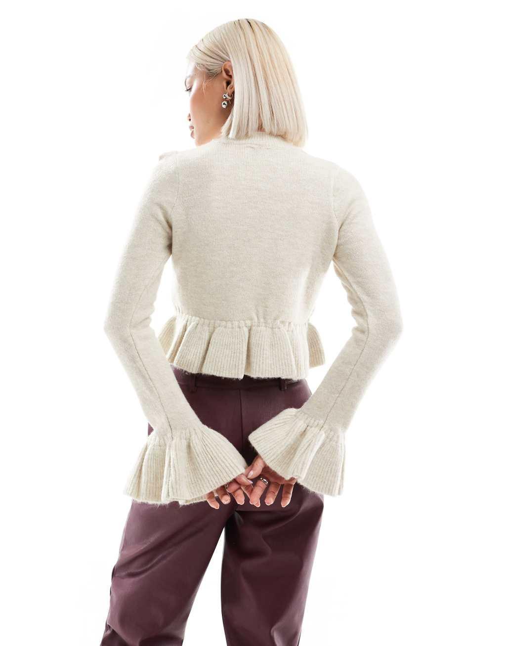 ASOS DESIGN knit ruffle crop sweater in stone Product Image