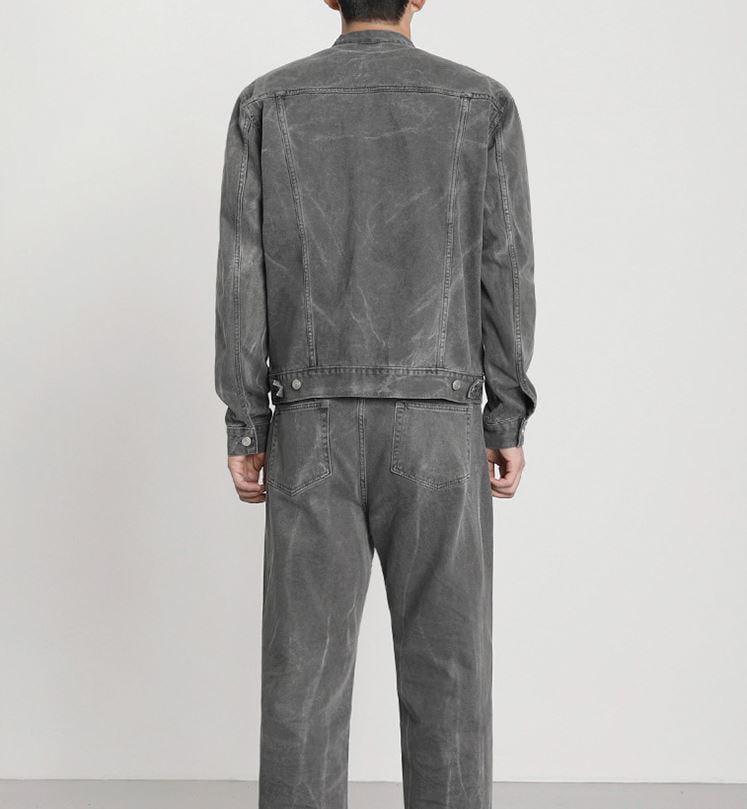 RT No. 5571 GRAY MANDARIN COLLAR DENIM JK & WIDE STRAIGHT JEANS Product Image