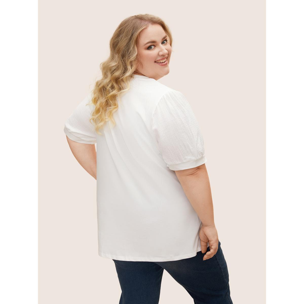 Plus Size Plain Textured Patchwork Lantern Sleeve T-Shirt WhiteSmoke Women Casual Texture Round Neck Everyday T-shirts BloomChic 18-20/2X Product Image