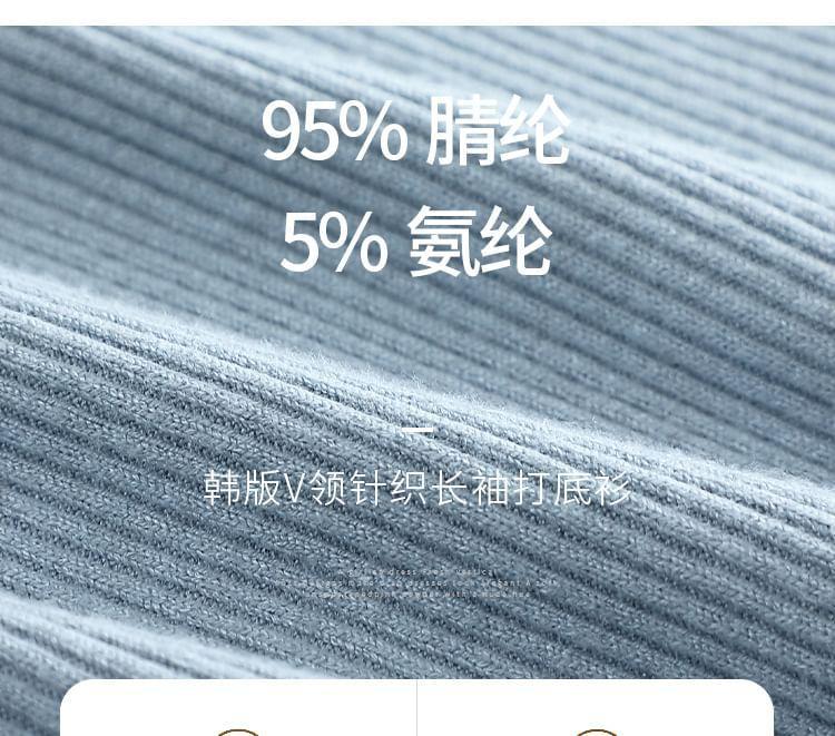 Long Sleeve V-Neck Plain Button Slit Ribbed Top Product Image
