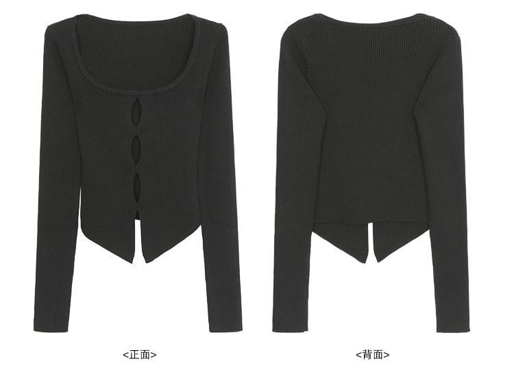 Long Sleeve Scoop Neck Plain Cutout Ribbed Knit Top / Halter Leopard Print Top Product Image
