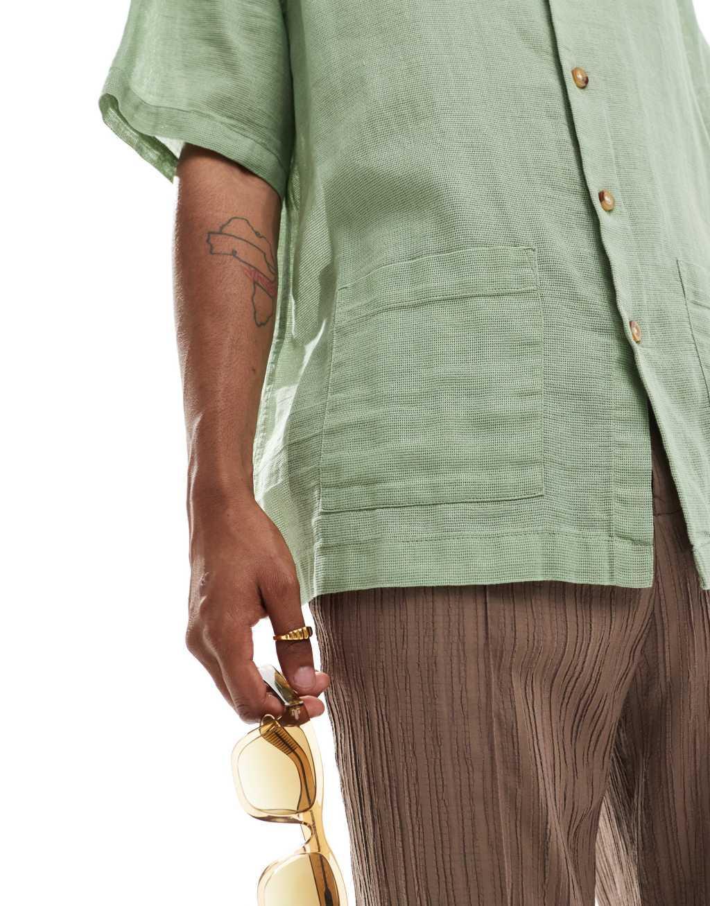 ASOS DESIGN relaxed textured shirt with patch pockets in sage green Product Image