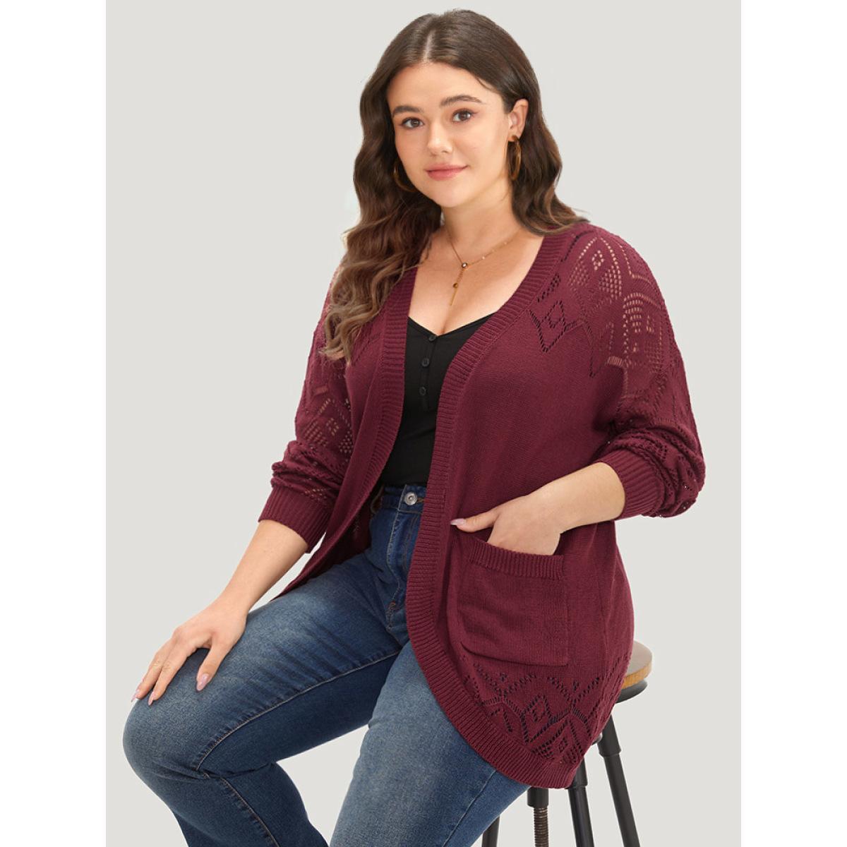 Plus Size Plain Patched Pocket Curved Hem Cardigan Burgundy Women Casual Long Sleeve Dailywear Cardigans BloomChic 22-24/3X Product Image