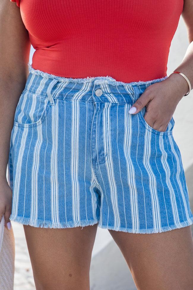 Talk To You Again Striped Chambray Shorts FINAL SALE Product Image