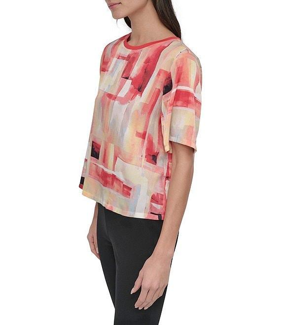 DKNY By Donna Karan Watercolor Print Twill Crew Neck Short Sleeve Top Product Image