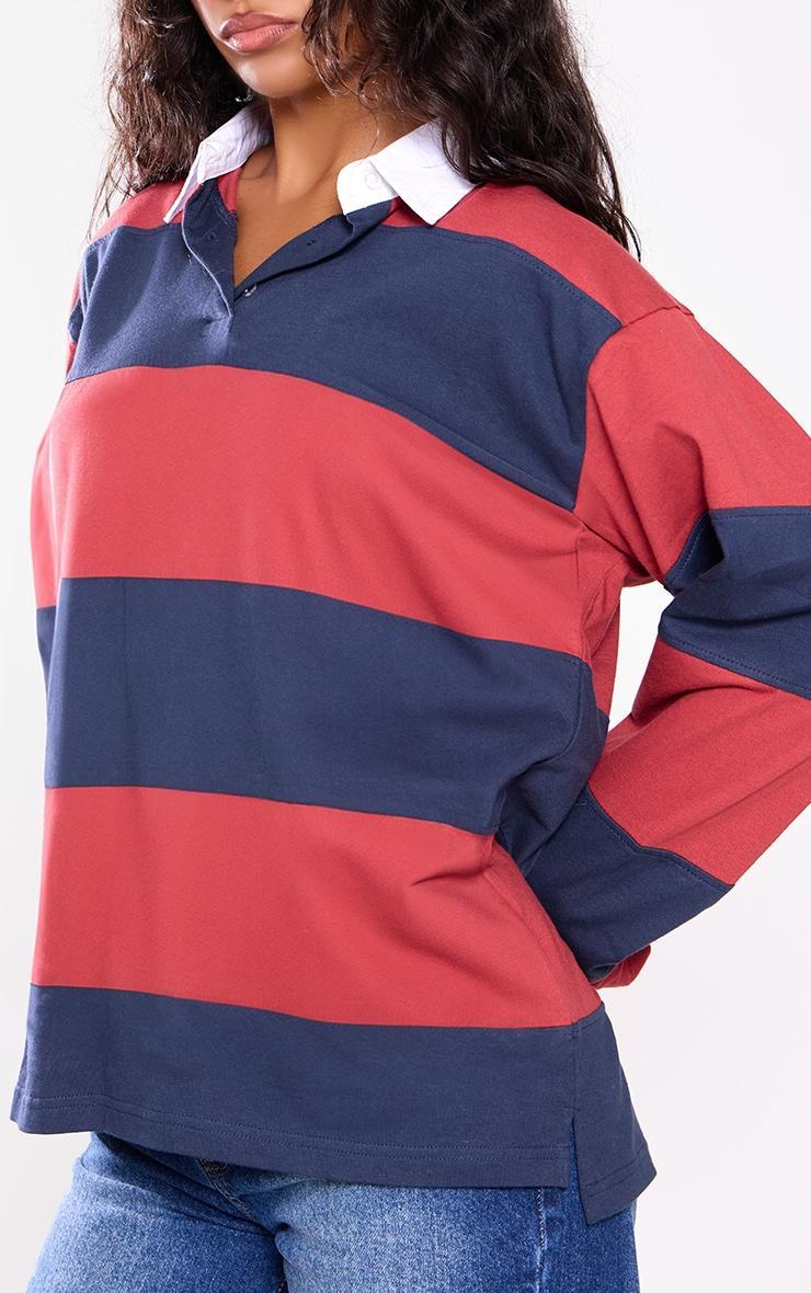 Maroon Collared Stripey Oversized Long Sleeve T Shirt Product Image