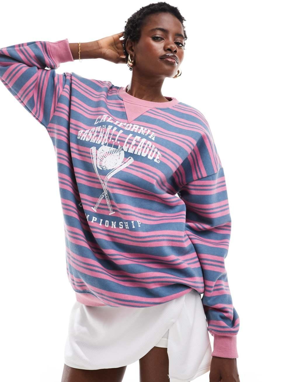 Daisy Street oversized sweatshirt in stripe with baseball graphic Product Image