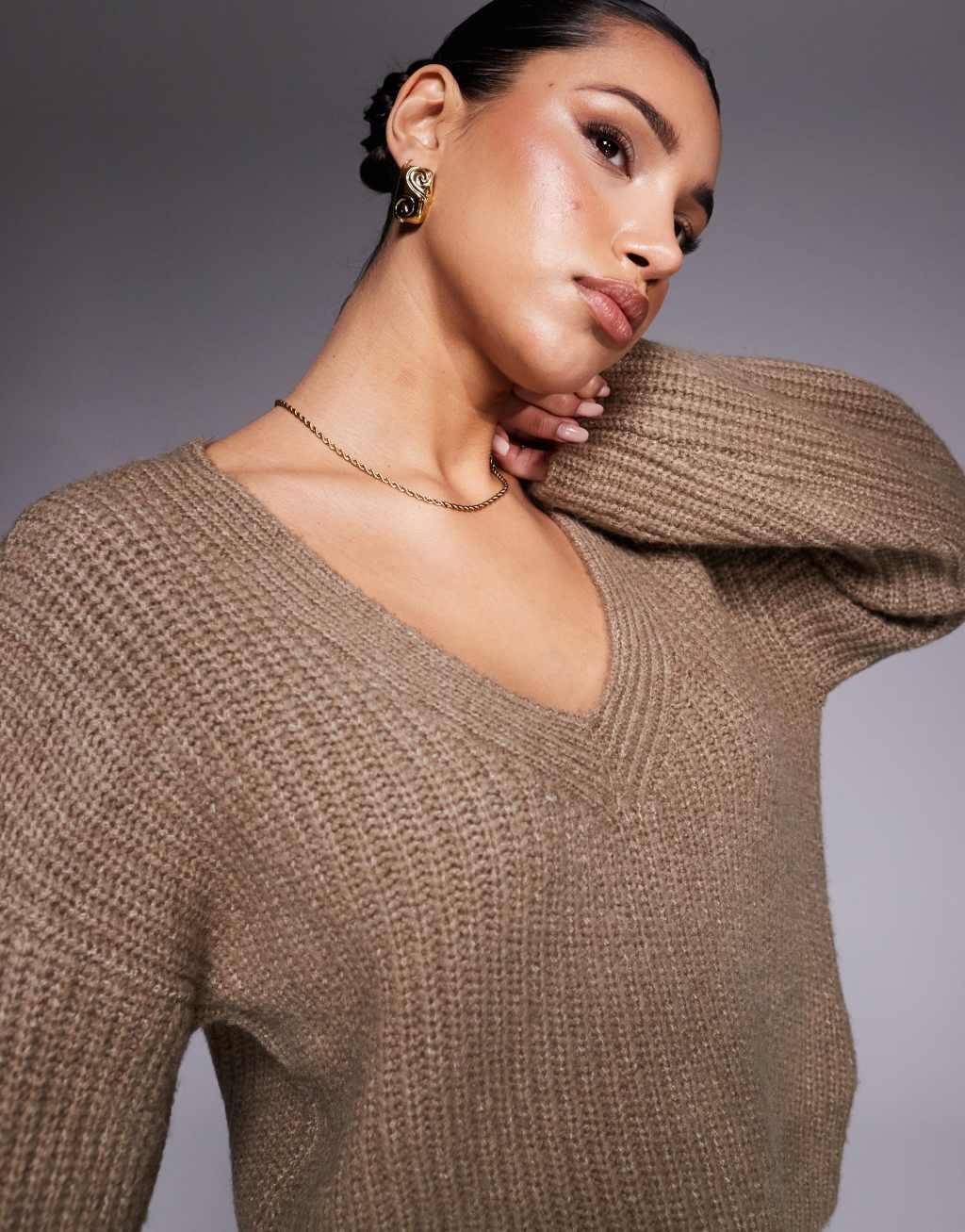 ASOS DESIGN oversized knit V-neck sweater in mocha Product Image