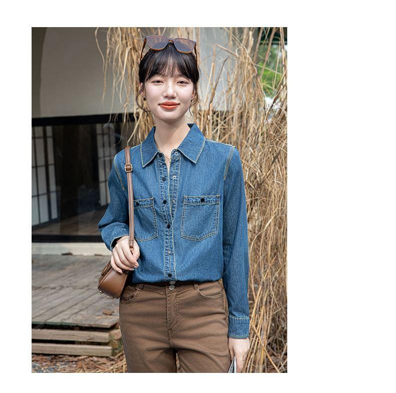Long-Sleeve Washed Button-Up Denim Shirt Product Image