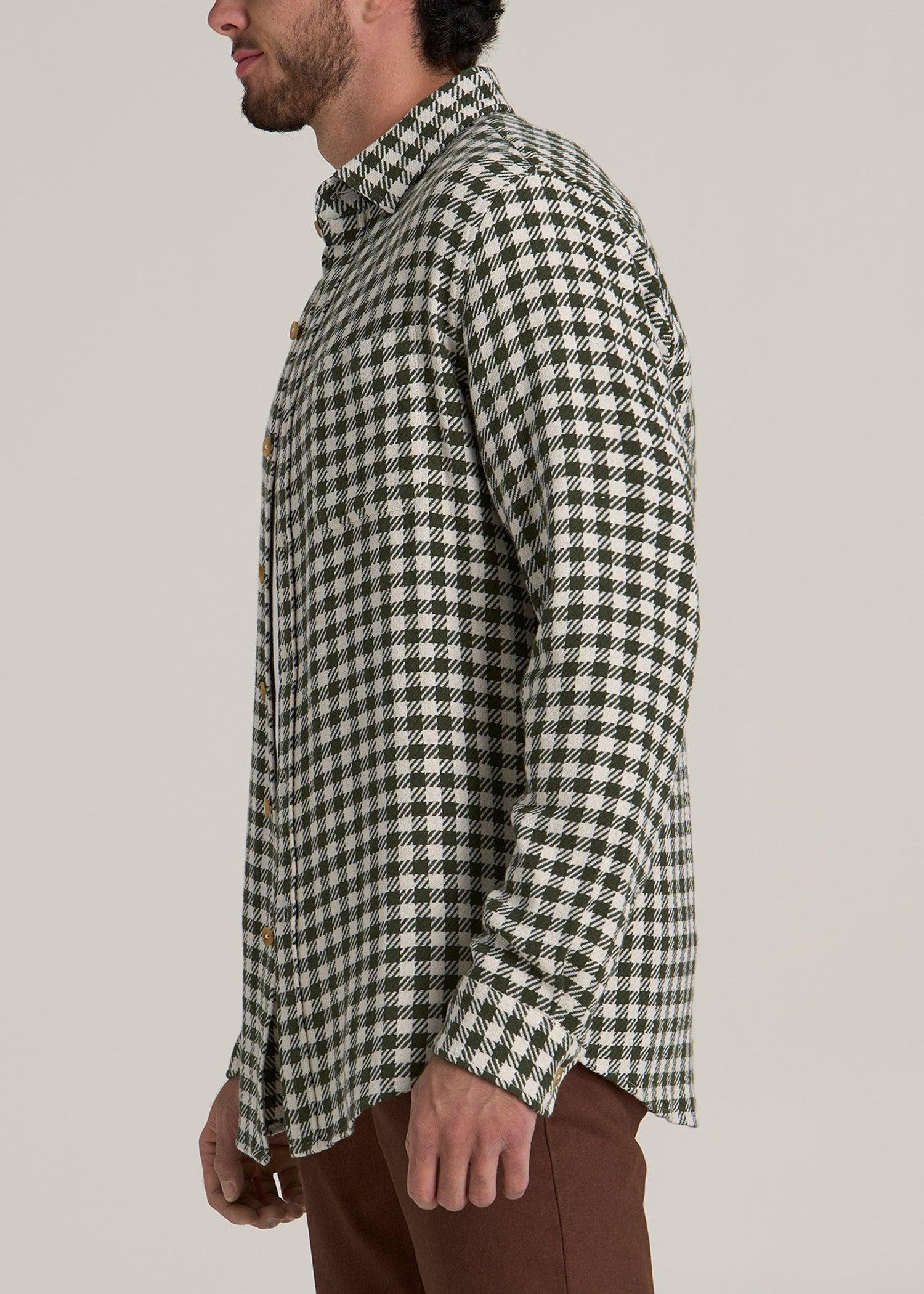 Lightweight Woven Overshirt for Tall Men in Olive and Ecru Check Product Image