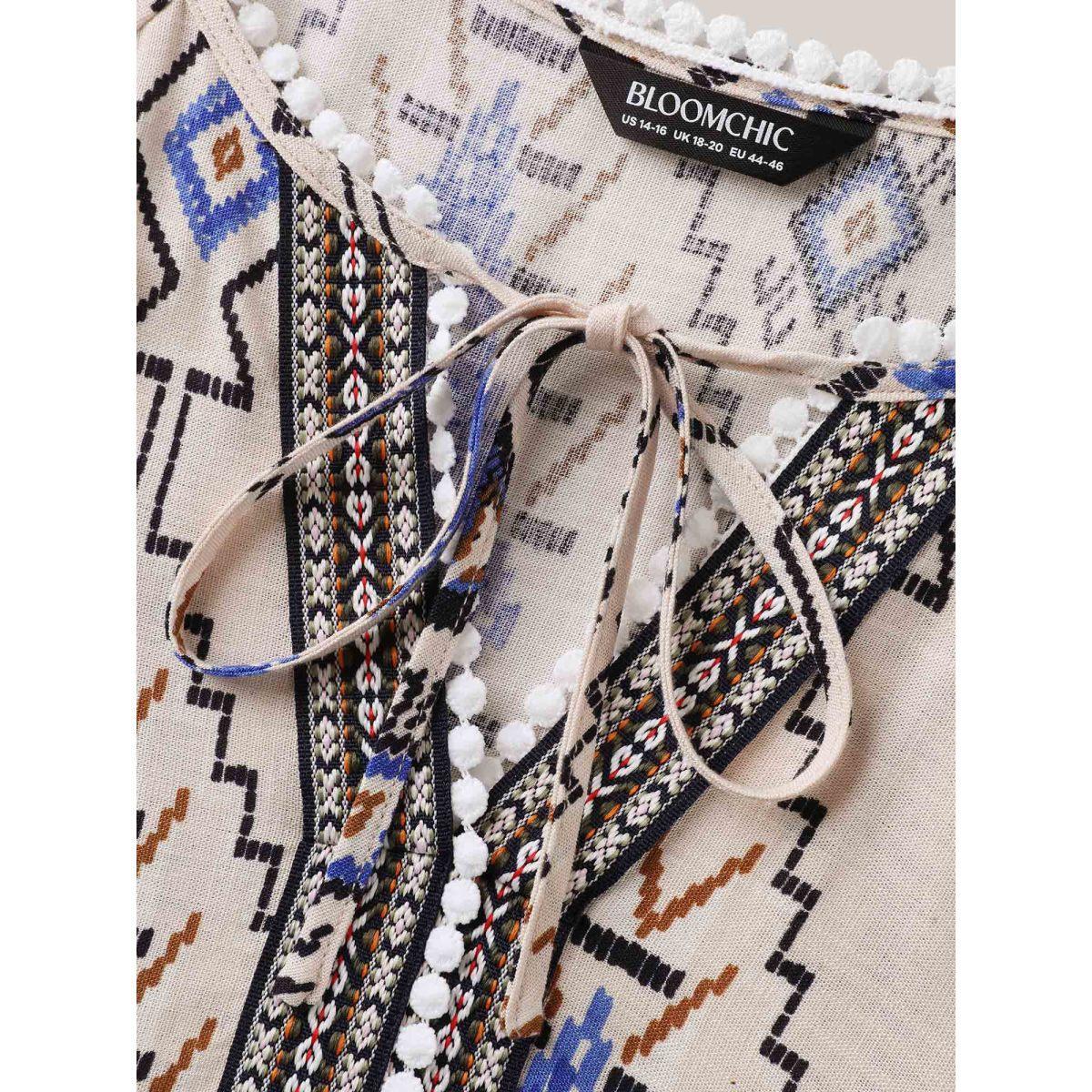 Plus Size Multicolor Boho Print Lace Detail Neck Tie Blouse Women Elbow-length sleeve Notched collar Vacation Blouses BloomChic 22-24/3X Product Image