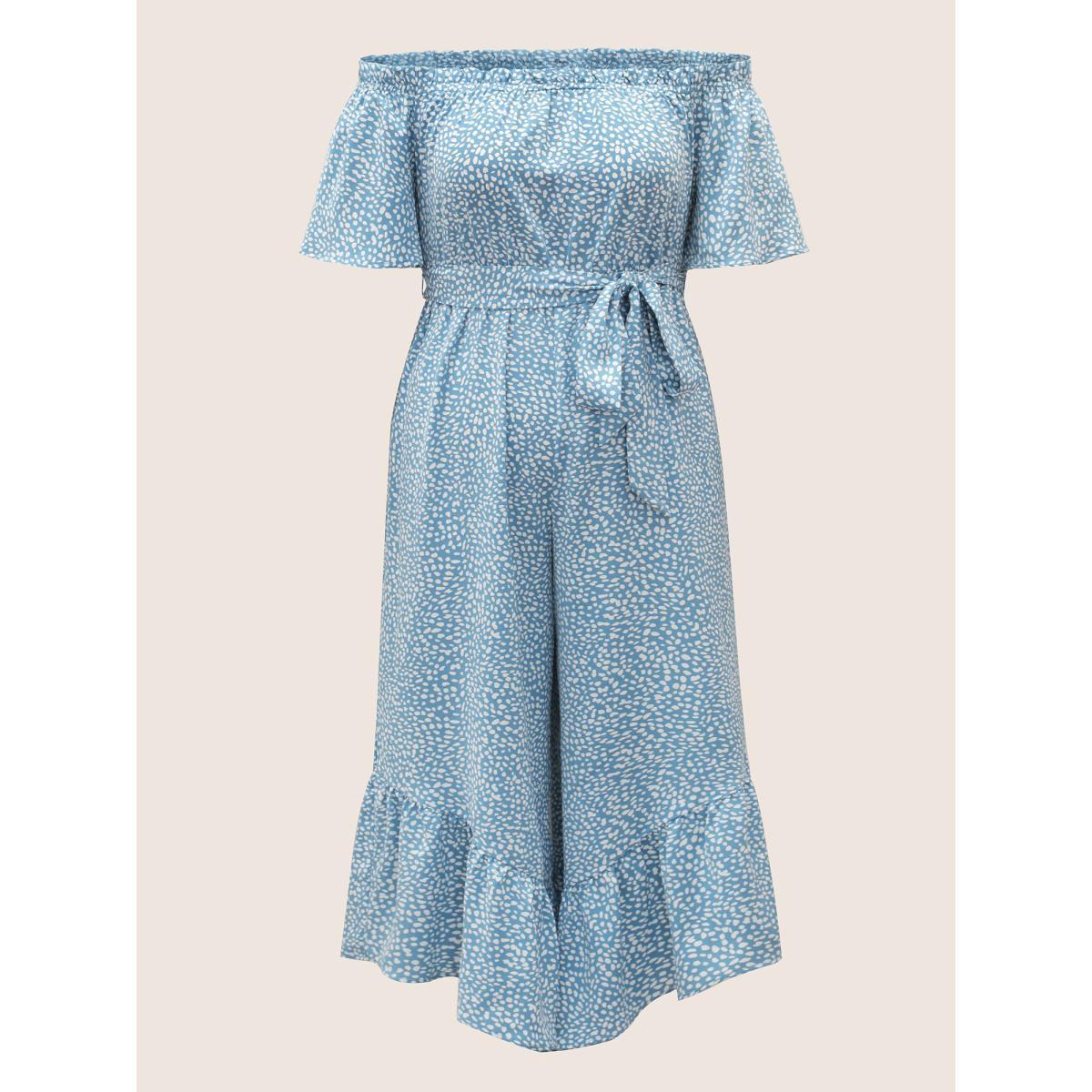Plus Size LightBlue Polka Dot Off Shoulder Ruffles Belted Jumpsuit Women Resort Short sleeve One-shoulder neck Vacation Loose Jumpsuits BloomChic 18-20/2X Product Image
