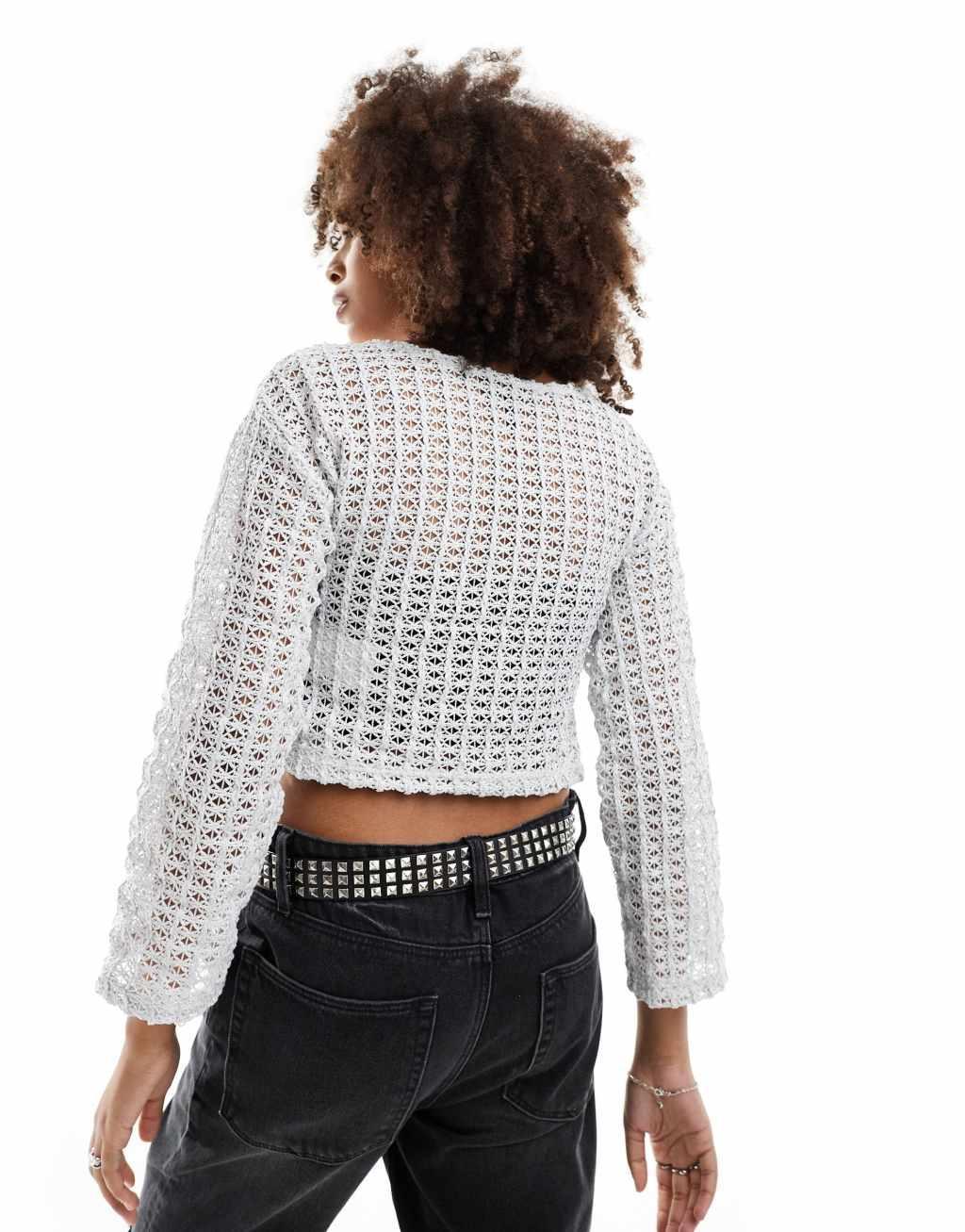 Pieces Festival two tone crochet wide sleeve top in metallic silver Product Image