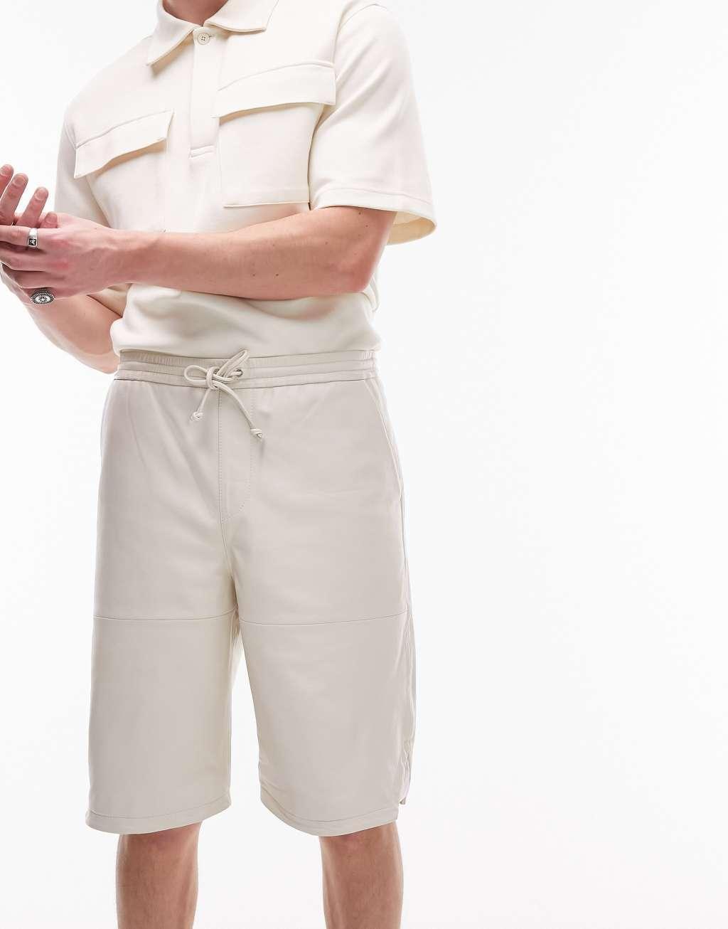 Topman leather longline short in stone Product Image