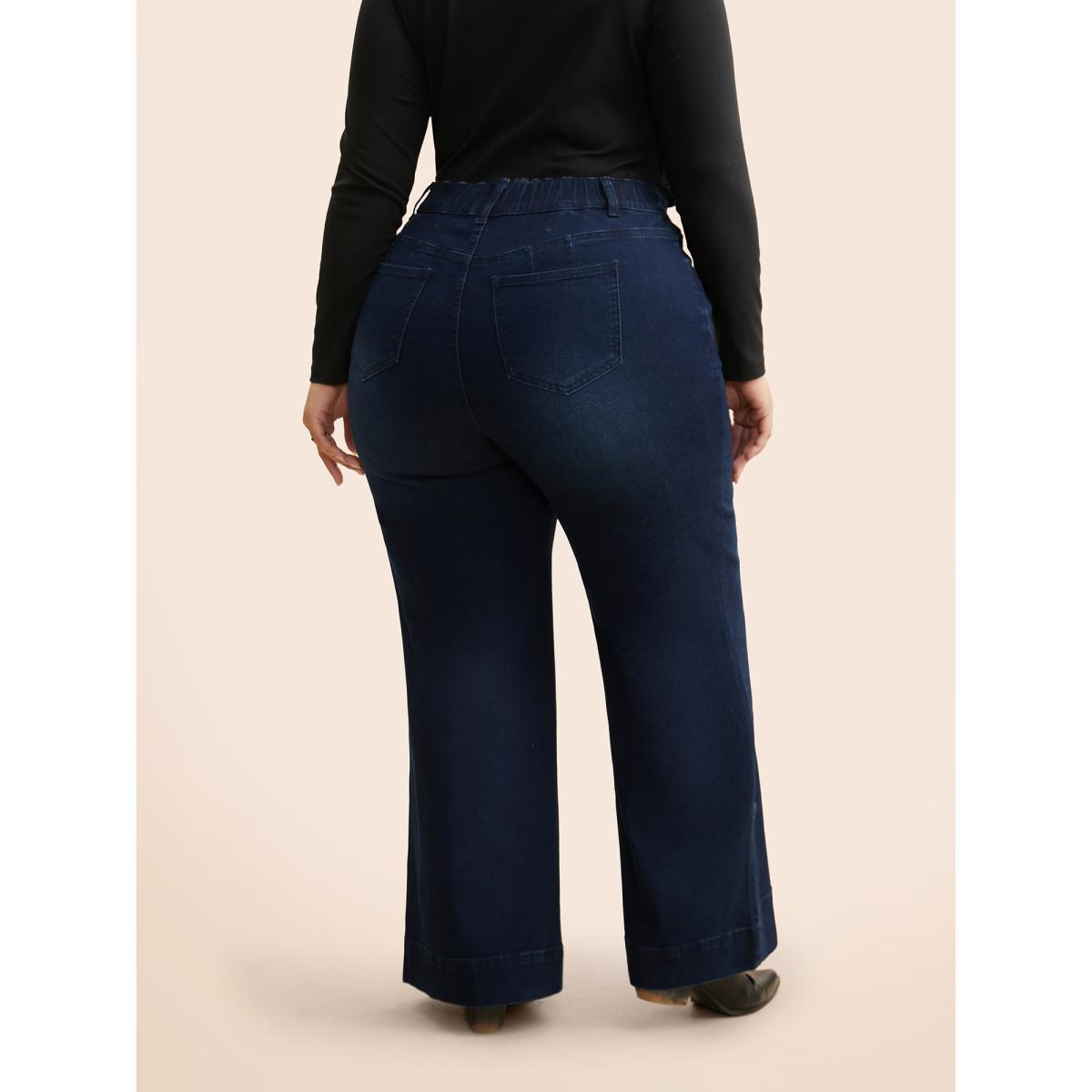 Plus Size Dark Wash Seam Detail Wide Leg Jeans Women Denimindigo Casual Medium stretch Slanted pocket Jeans BloomChic 26/4X Product Image