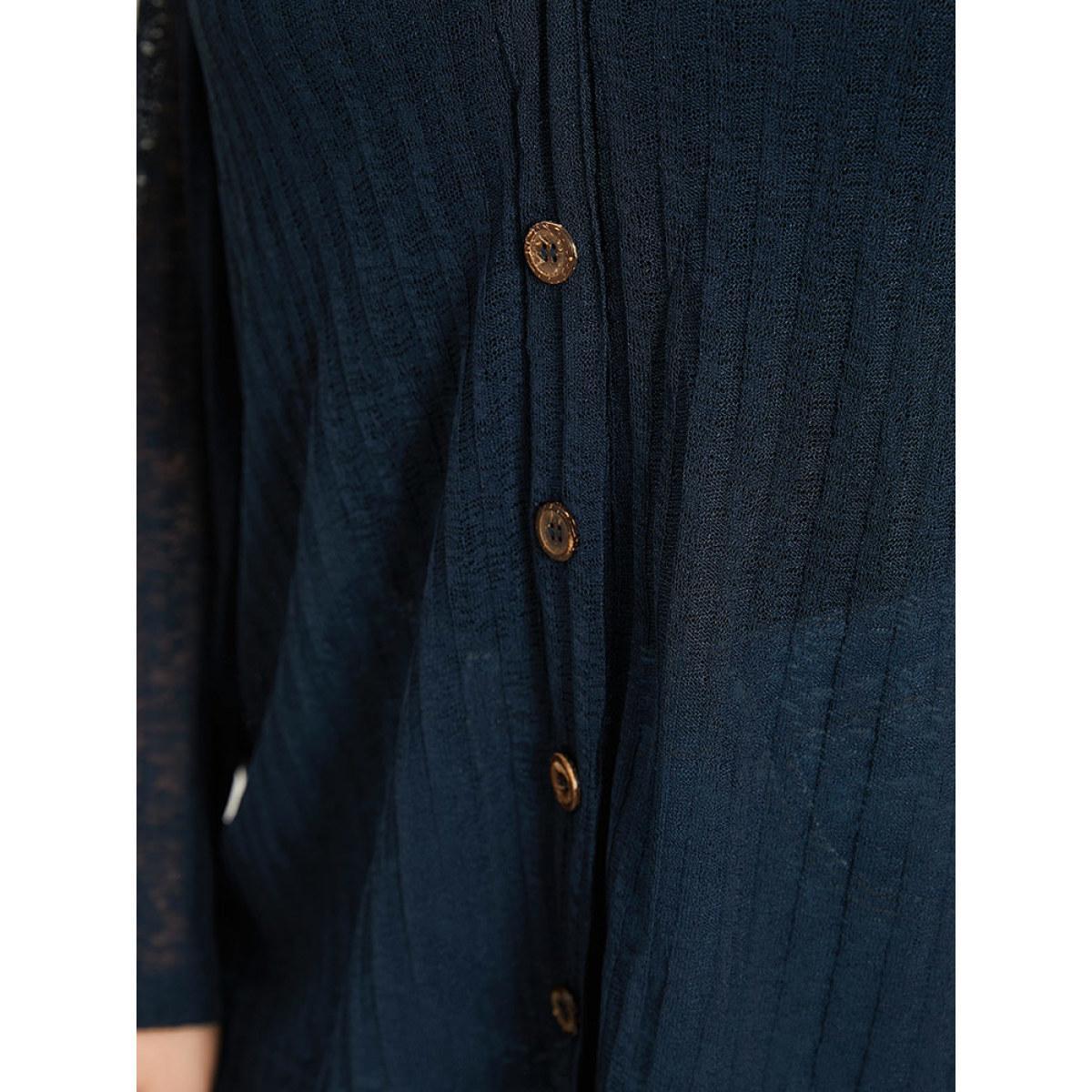 Plus Size Solid Rib Knit Button Through Mesh Kimono Women DarkBlue Casual See through Dailywear Kimonos BloomChic 30/6X Product Image