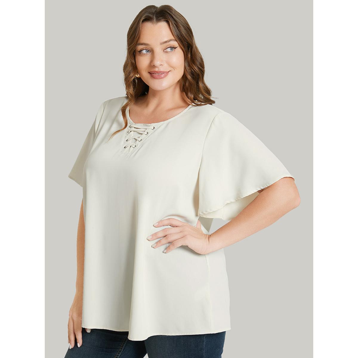 Plus Size Ivory Solid Ruffle Sleeve Crisscross Neck Blouse Women Office Short sleeve Round Neck Work Blouses BloomChic 28/5X Product Image