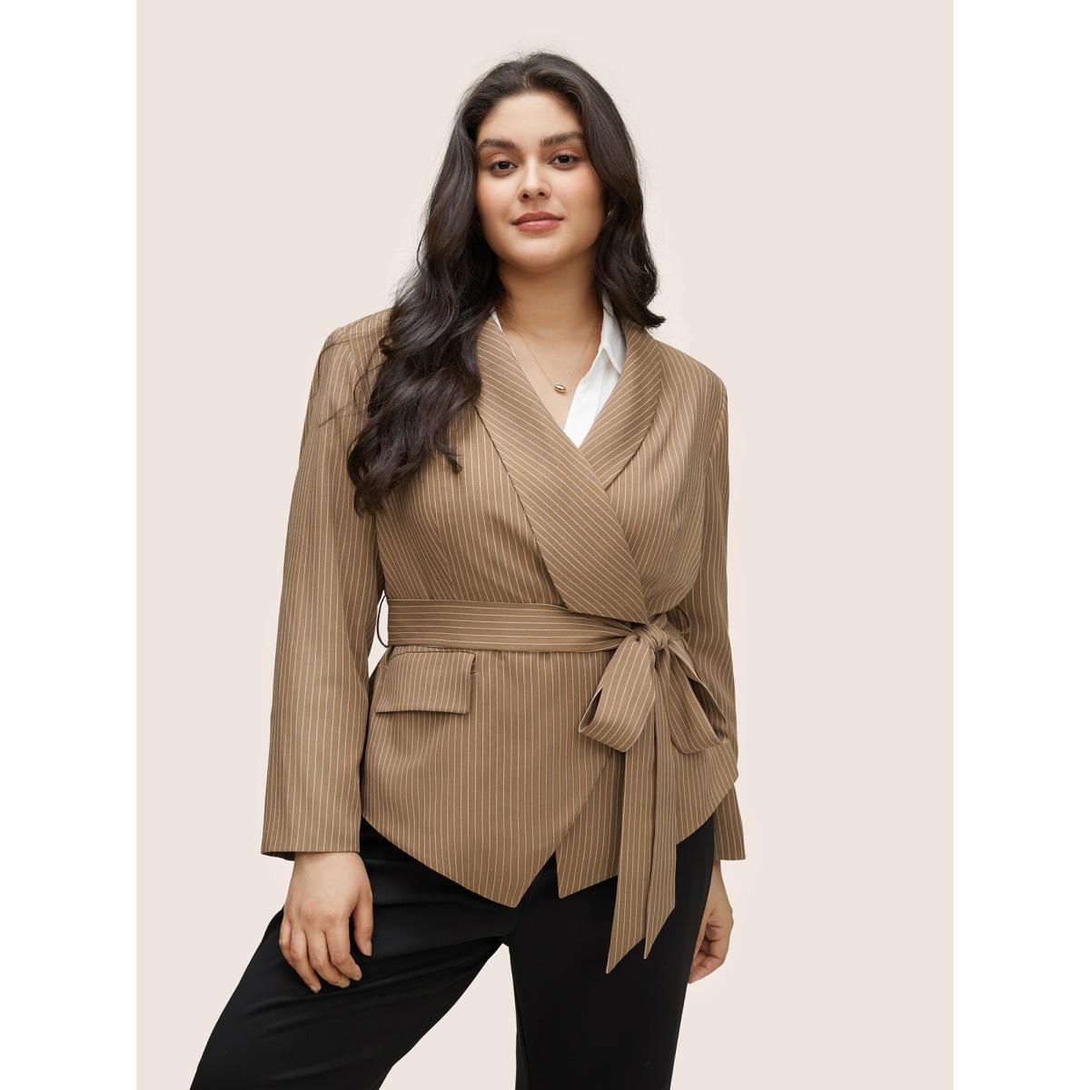Plus Size Striped Asymmetrical Hem Belted Flap Pocket Blazer Bronze Women Work Striped Non Sleeve Long Sleeve Suit Collar 30/6X Open pocket with flap Belt At the Office Blazers BloomChic Product Image
