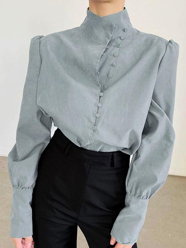 Long Sleeves Loose Solid Color Split-Joint High-Neck Blouses Product Image