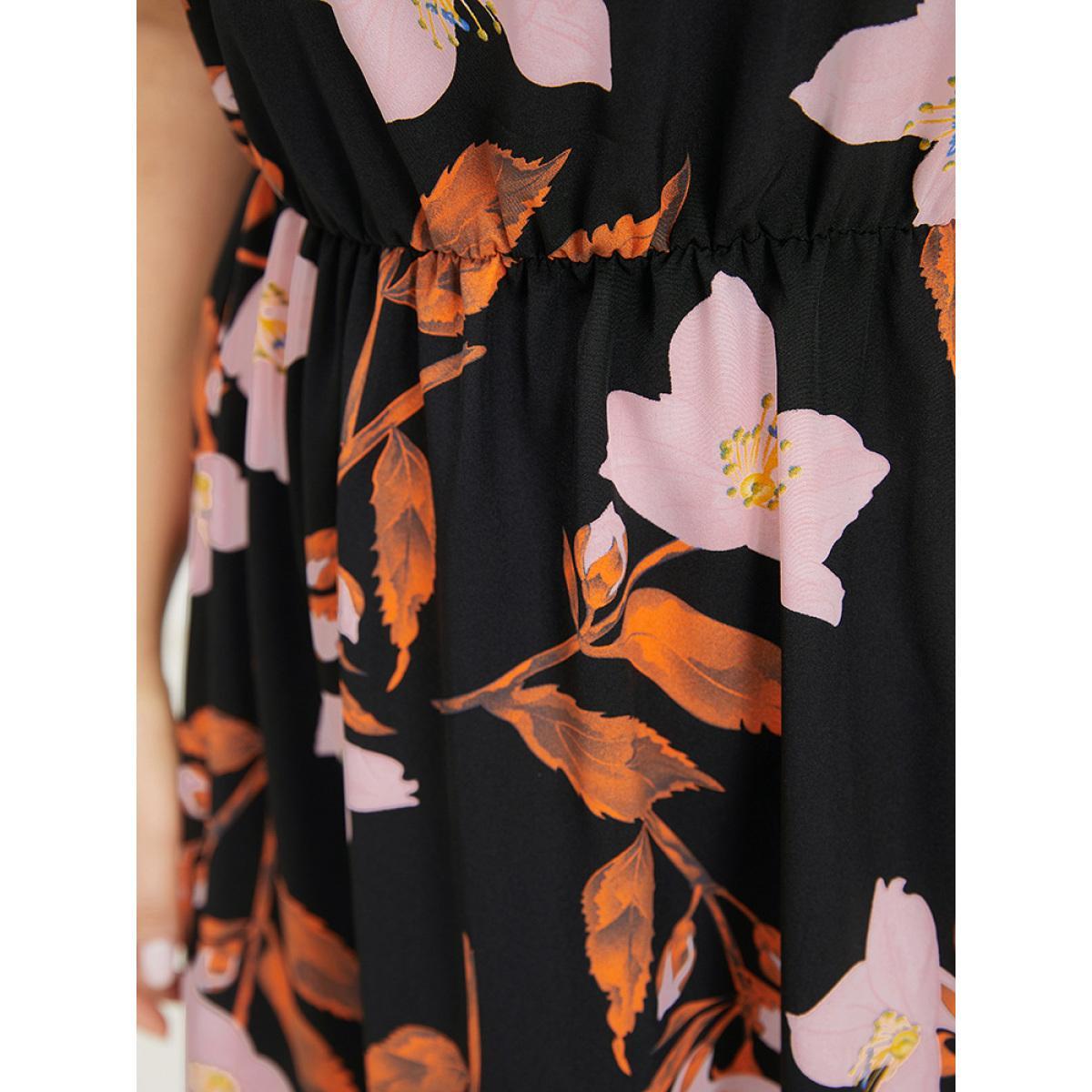 Plus Size Floral Print Pocket V Neck Elastic Waist Sleeveless Dress Black Women Elegant Elastic Waist V-neck Sleeveless Curvy Midi Dress BloomChic 26/4X Product Image