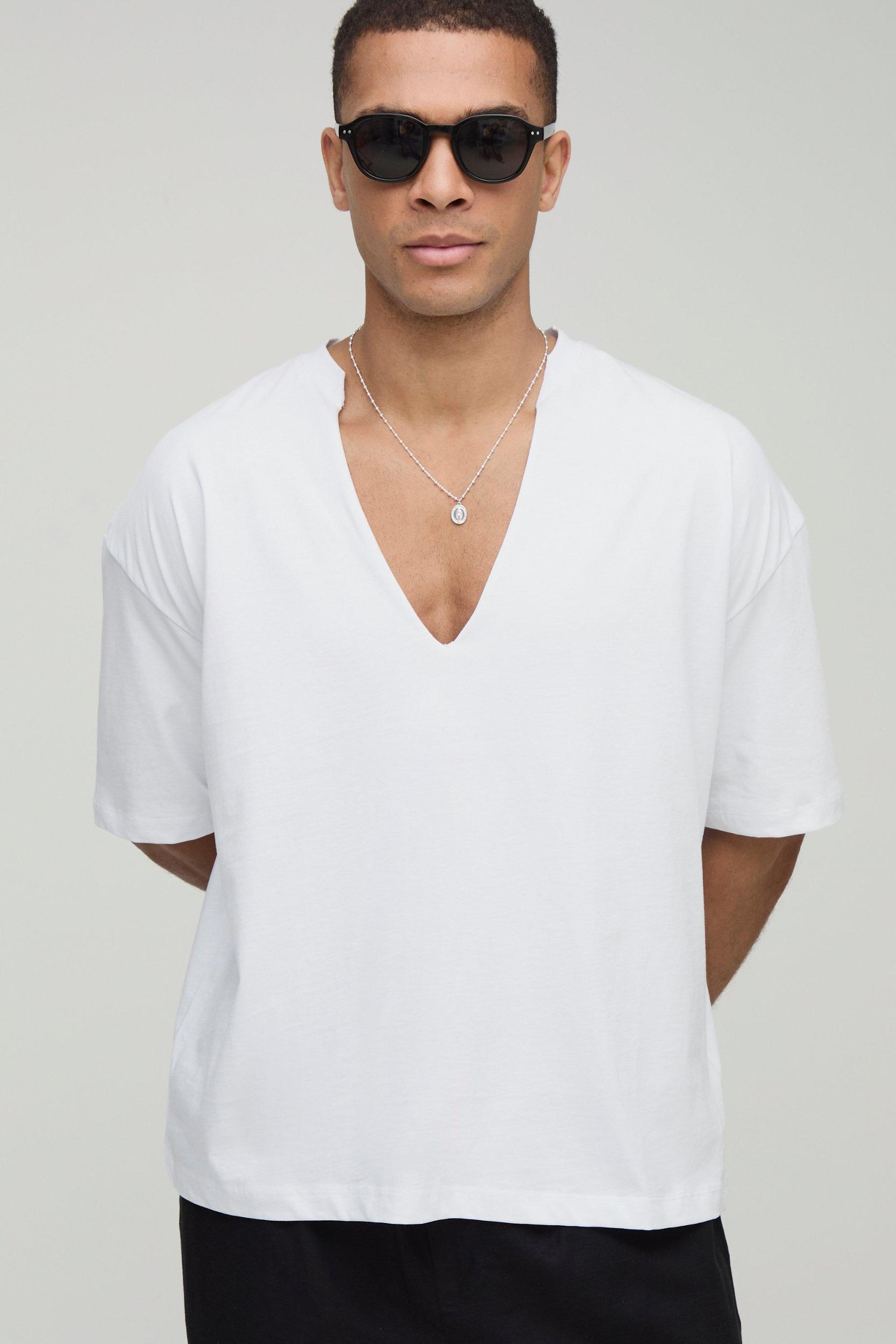 Mens Oversized Boxy Deep V Neck T-Shirt - White Product Image