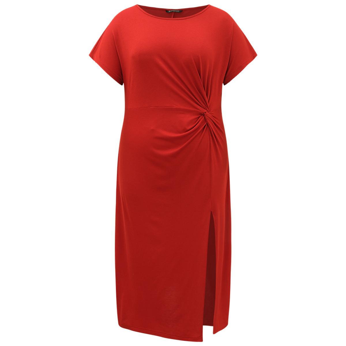 Plus Size Supersoft Essentials Solid Twist Front Split Hem Dress Rust Women Casual Plain Round Neck Short sleeve Curvy Midi Dress BloomChic 30/6X Product Image