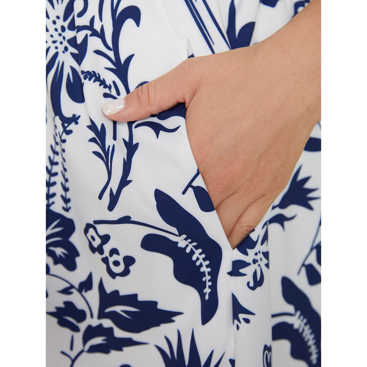 Plus Size Floral Ruffle Trim Square Neck Shirred Pocket Dress Blue Women Elegant Lined Square Neck Short sleeve Curvy Midi Dress BloomChic 12/L Product Image