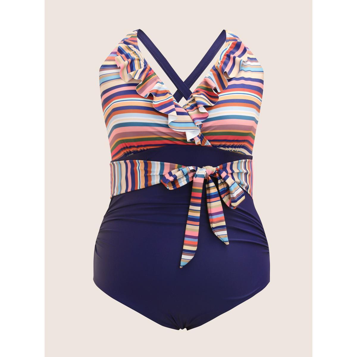 Plus Size Contrast Striped Ruffle Trim Ties One Piece Swimsuit Women's Swimwear Midnight Beach Belted Curve Bathing Suits High stretch One Pieces BloomChic 18-20/2X Product Image