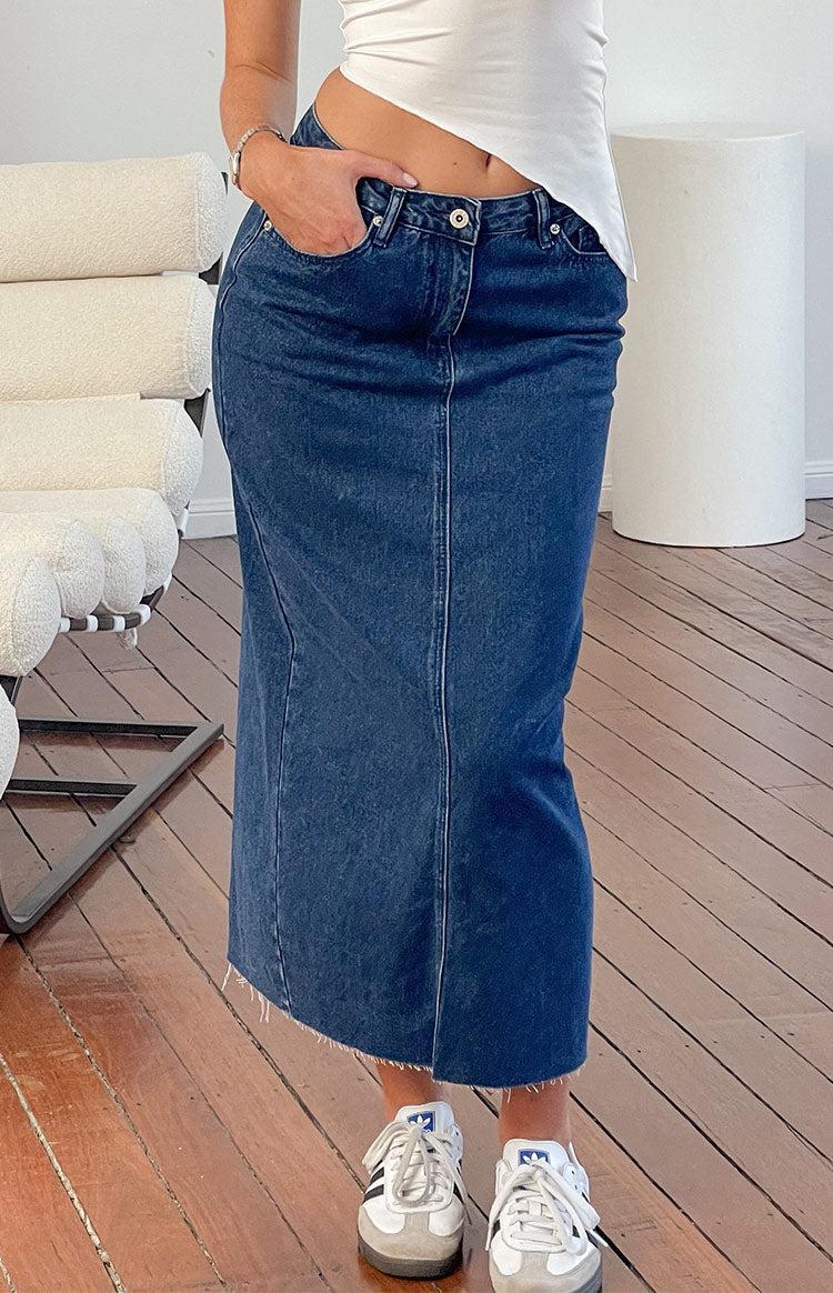 Isla Dark Denim Midi Skirt Product Image