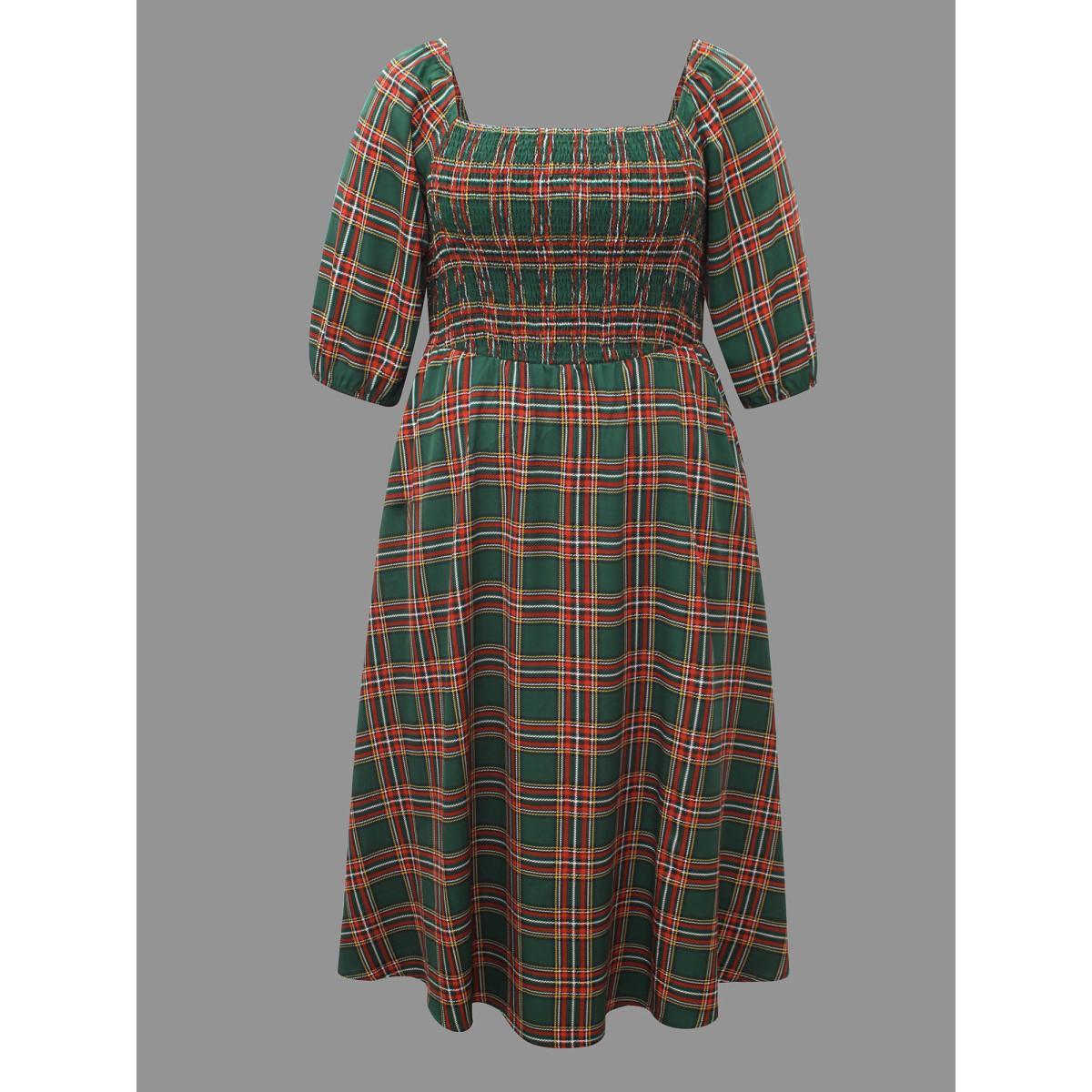 Plus Size Square Neckline Plaid Smocked Bodice Midi Dress Emerald Women Casual Shirred Square Neck Elbow-length sleeve Curvy BloomChic 30/6X Product Image