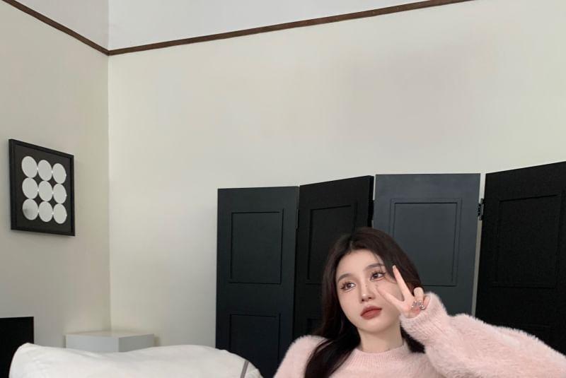 Crew Neck Plain Fluffy Midi Sweater Dress Product Image