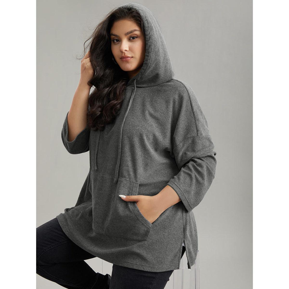 Plus Size Plain Split Side Pocket Hooded Drawstring Sweatshirt Women Gray Casual Plain Hooded Everyday Sweatshirts BloomChic 10/M Product Image