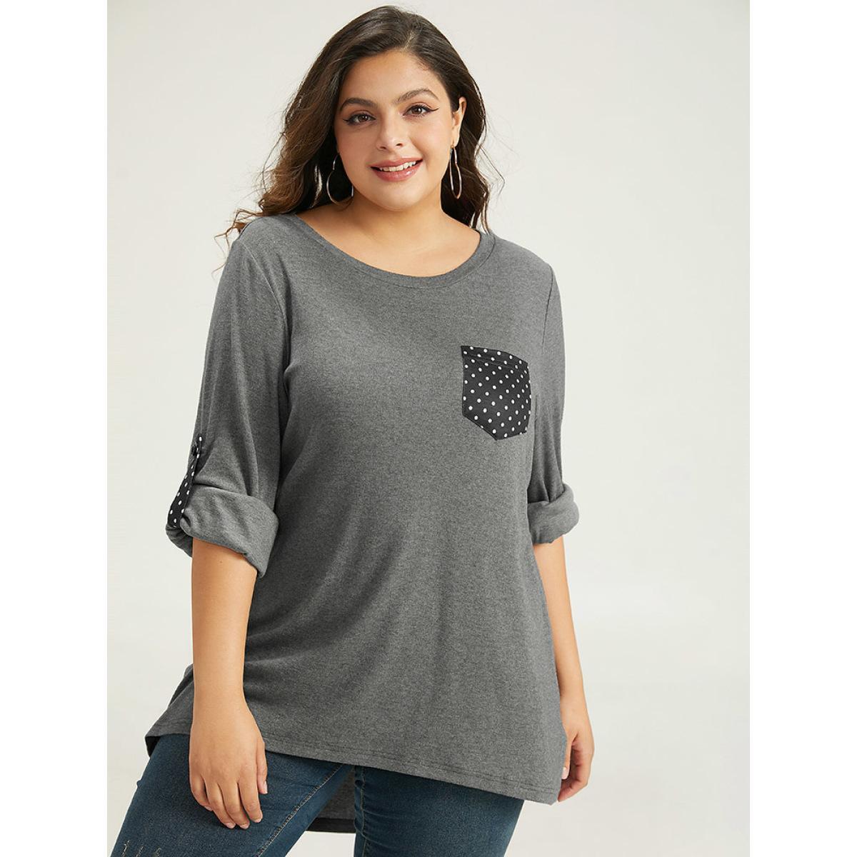 Plus Size Polka Dot Patched Pocket Tab Sleeve T-shirt DimGray Women Casual Contrast Polka Dot Round Neck Dailywear T-shirts BloomChic 14-16/1X Product Image