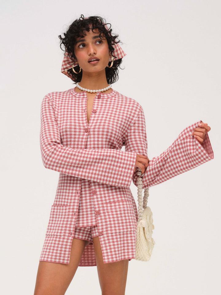 Gingham Knit Jacket — Pink Product Image