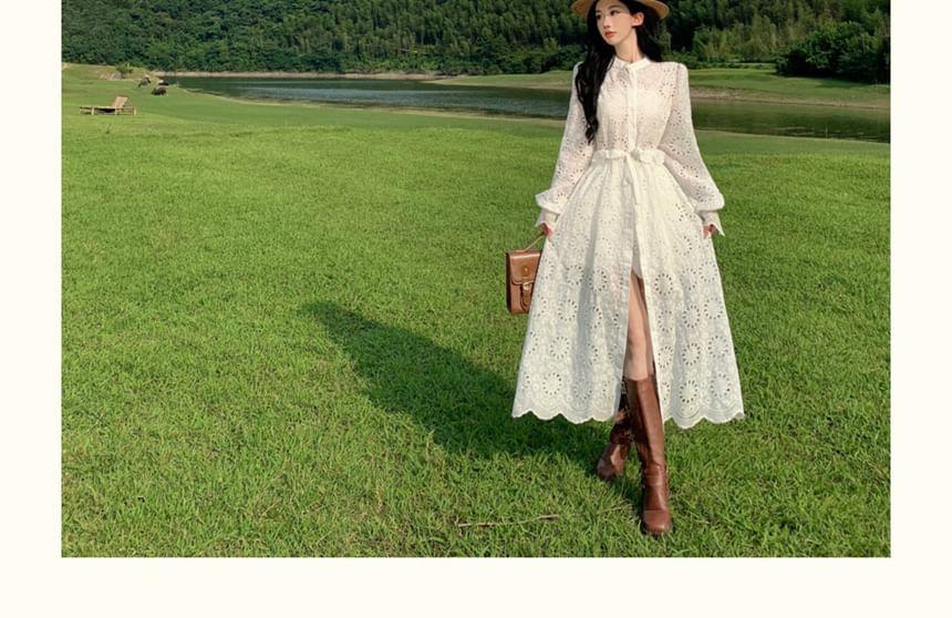 Set: Puff-Sleeve Flower Embroidered Maxi Smock Dress + High Waist Shorts Product Image