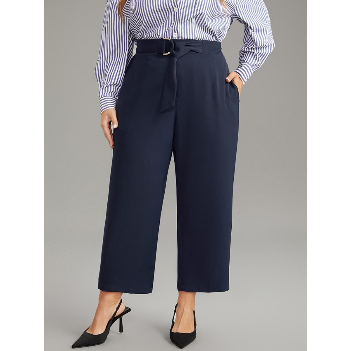 Plus Size Plain Buckle Detail Bowknot Pocket Pants Women Midnight Elegant High Rise Dailywear Pants BloomChic 28/5X Product Image