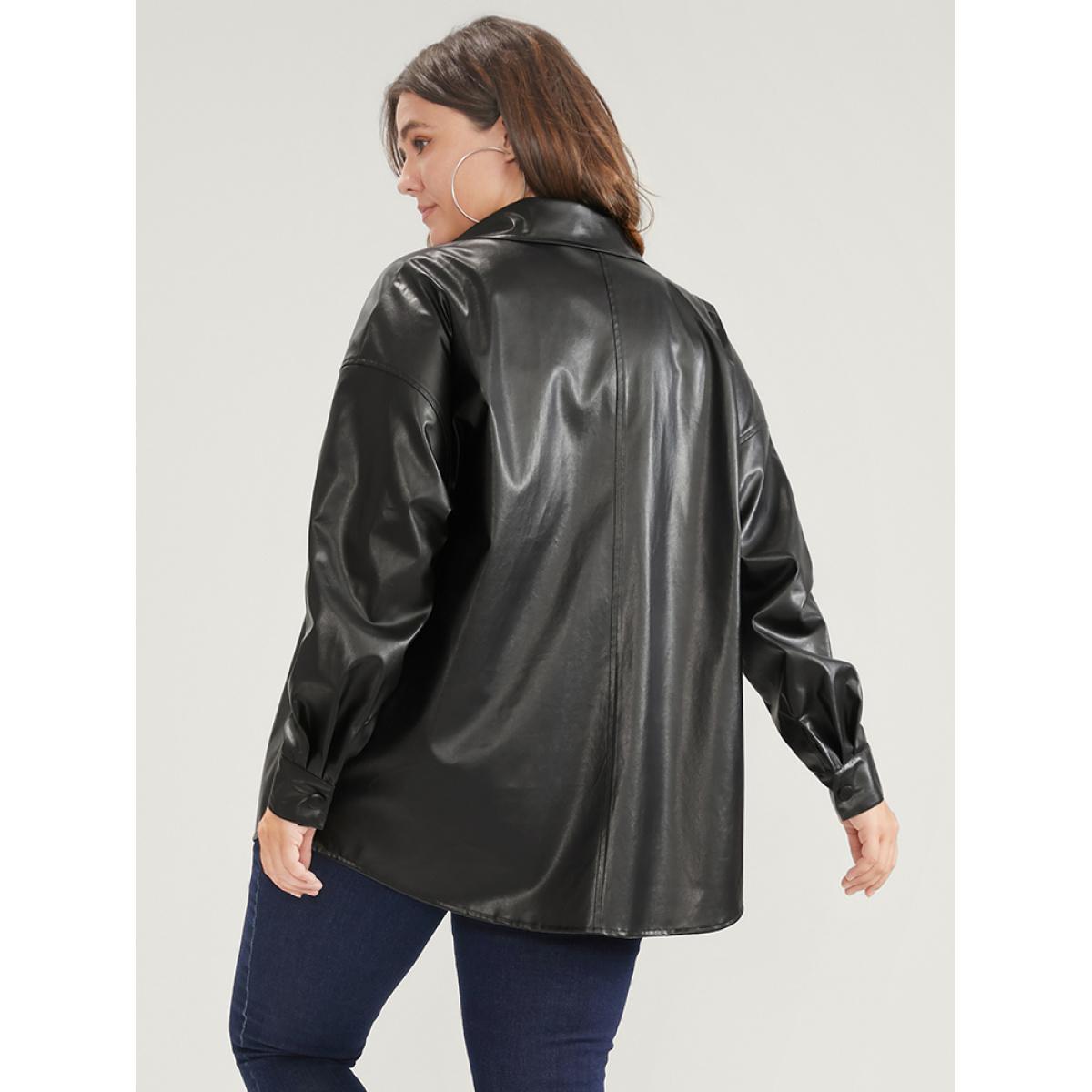 Plus Size PU Leather Pocket Button Up Coat Women Black Casual Button Ladies Dailywear Winter Coats BloomChic 22-24/3X Product Image