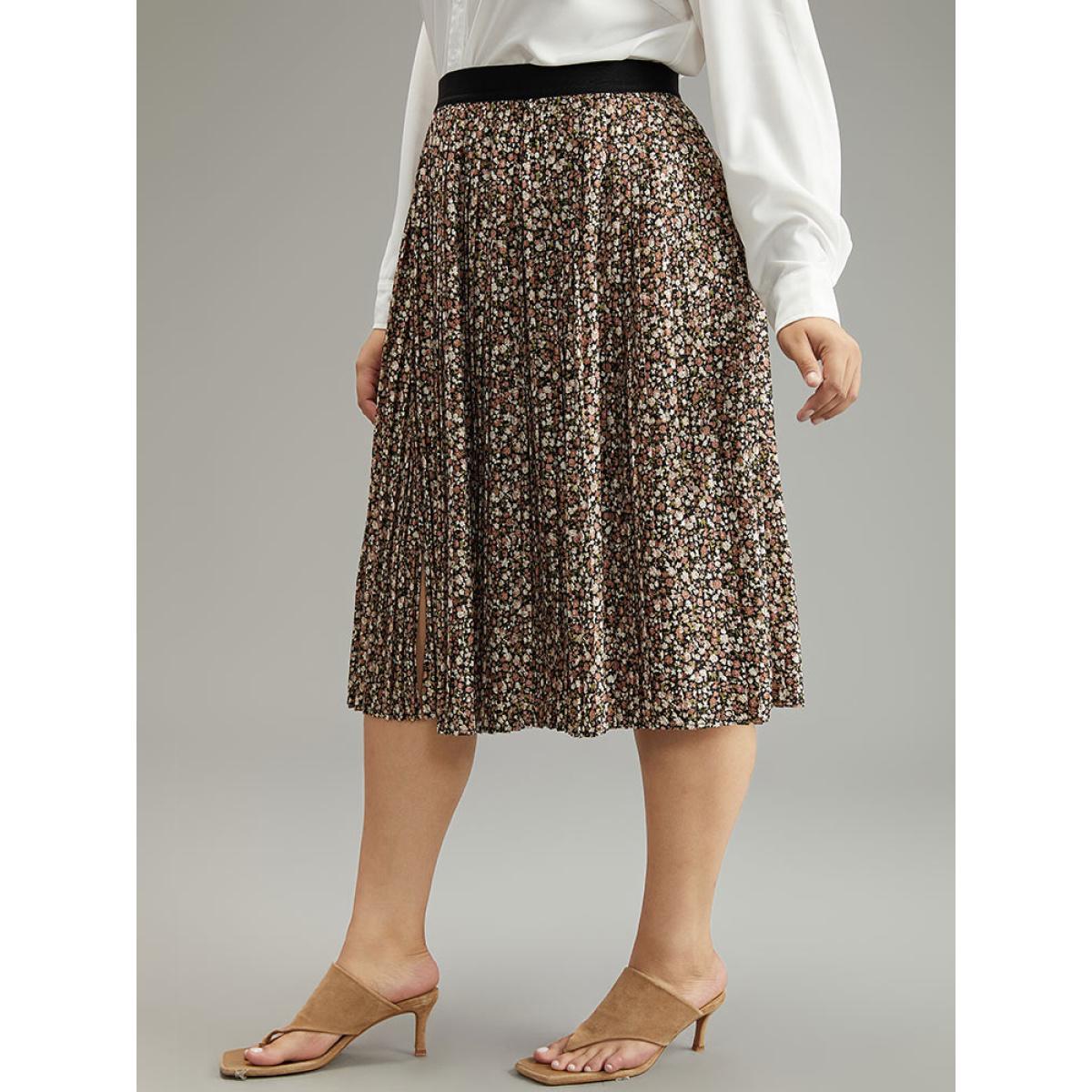Plus Size Ditsy Floral Elastic Waist Midi Skirt Women Multicolor Elegant Pleated No stretch Dailywear Skirts BloomChic 14-16/1X Product Image